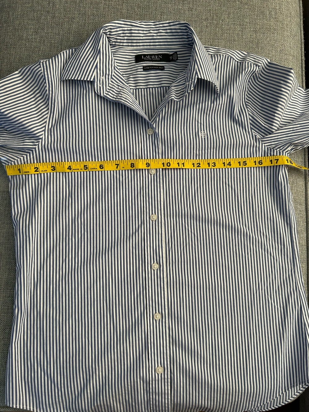 Lauren Ralph Lauren Non-Iron Blue White Striped Stretch Button Down Cotton Shirt - Picture 12 of 13
